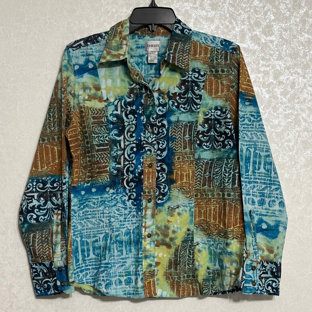 Chico's Button Down Shirt Blue Green Patchwork Print Art to‎ Wear Cotton Sz 1 M